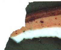 Microscopic cross-section of the pictorial layer of a modern painting, circa 1920 (enlargement using an optical microscope: 40 times)