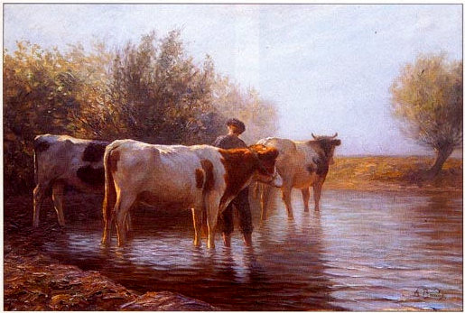 The cows’ pond. Oil painting on canvas from the second half of the 19th century, signed Anton Braitz. Our eye allows us to appreciate only the surface of this painting, the effects of the sunlight having clearly been very well painted. 