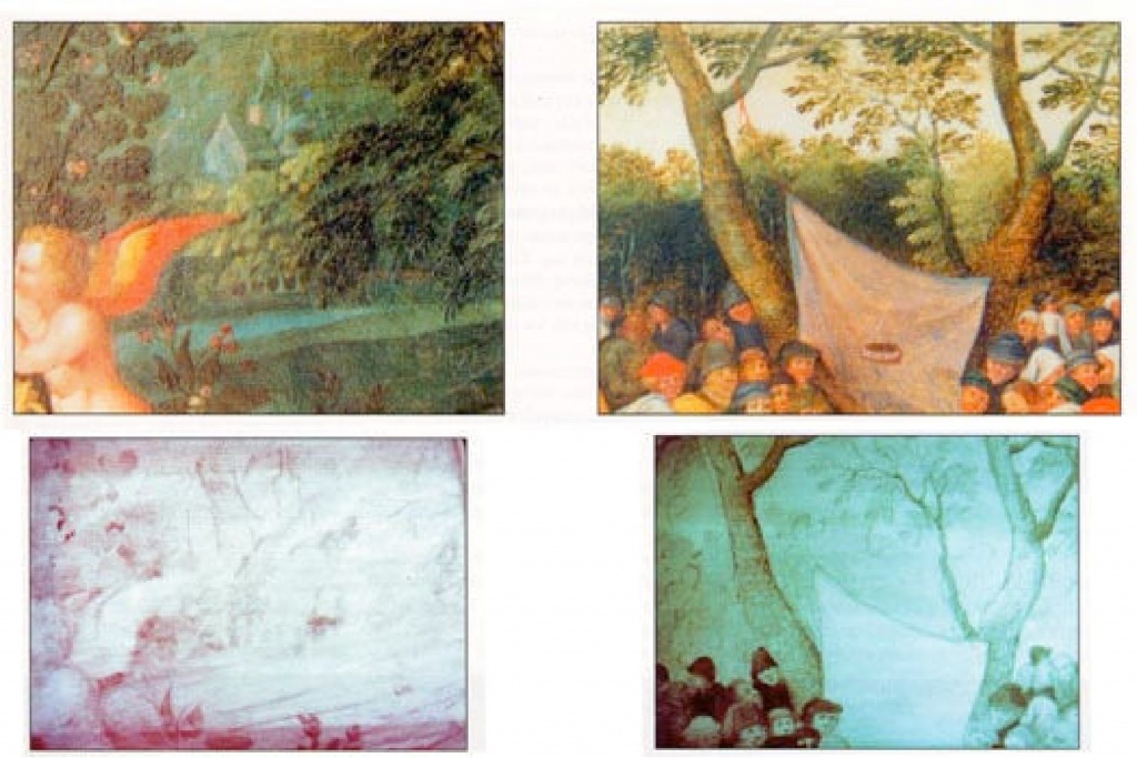 The low molecular density of the paint layers used by most of the ‘primitive’ Flemish or Italian artists enables examinations using infrared reflectography to often obtain excellent results, as was the case in the two paintings above, which show fragments of Flemish paintings from the 15th and 16th centuries viewed naturally and using infrared reflectography. The infrared rays enable us to discover the preparatory drawings, undetectable using any other process, and older restorations.