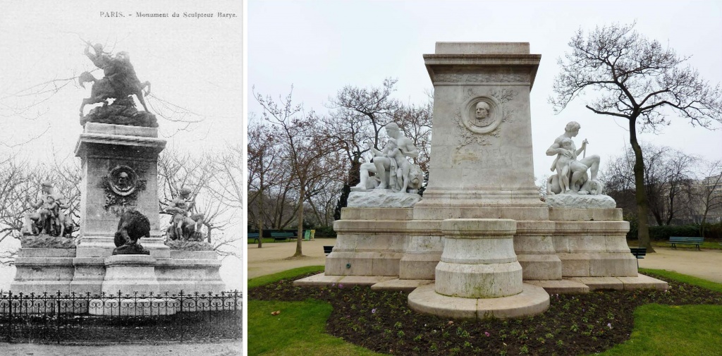 Monument dédié à Antoine Barye, square Henri IV, Ile Saint-Louis à Paris. Les deux bronzes ont été fondus en1942, et reconstitués en copie en 2011 et 2014.