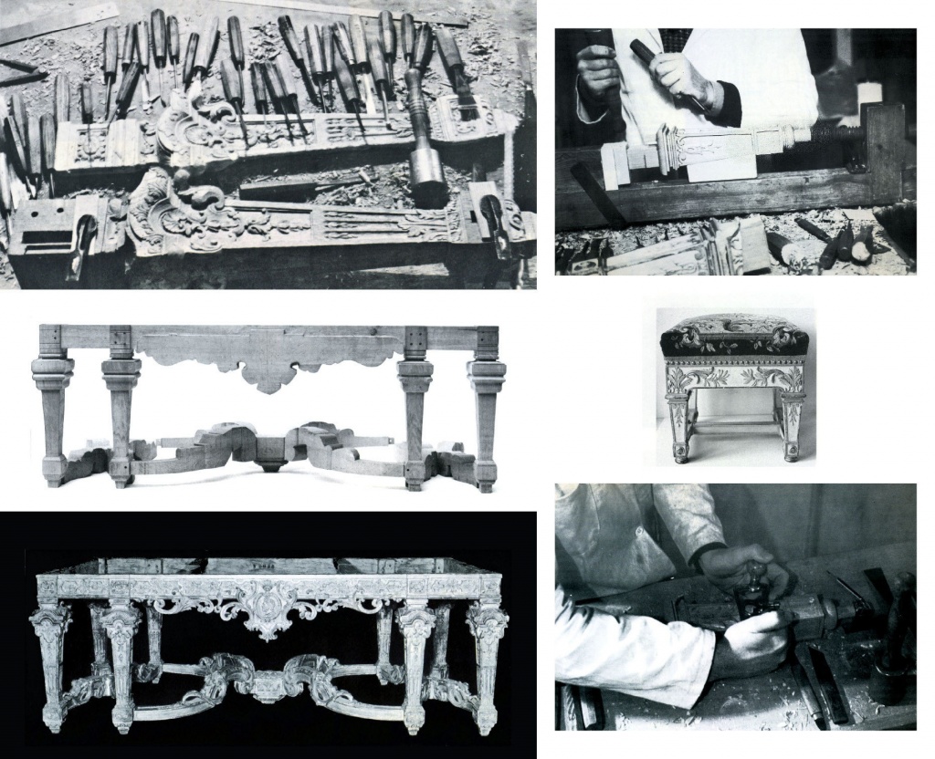 Table à gibier et tabourets réalisés dans les ateliers du Château de Versailles, circa 1978, par Gilles Perrault.
