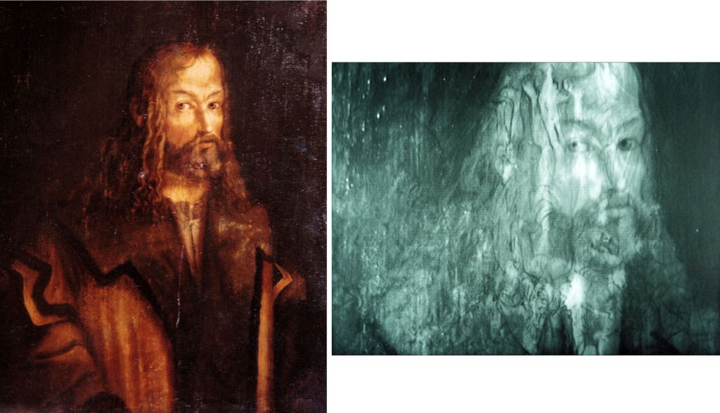 Autoportrait d'A. Dürer sur panneau de chêne. L'examen dans le spectre des infrarouges fait apparaître un autre tableau.